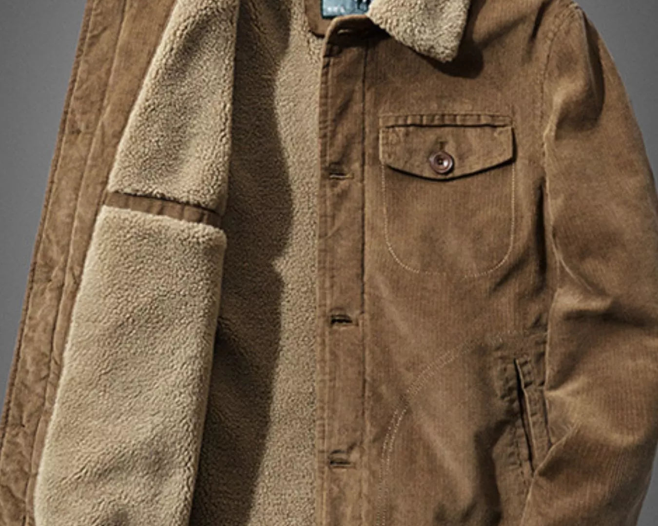 NEWYORKLISTED ATLAS MEN'S COLLECTION: Brown jacket with beige fleece lining on a gray background