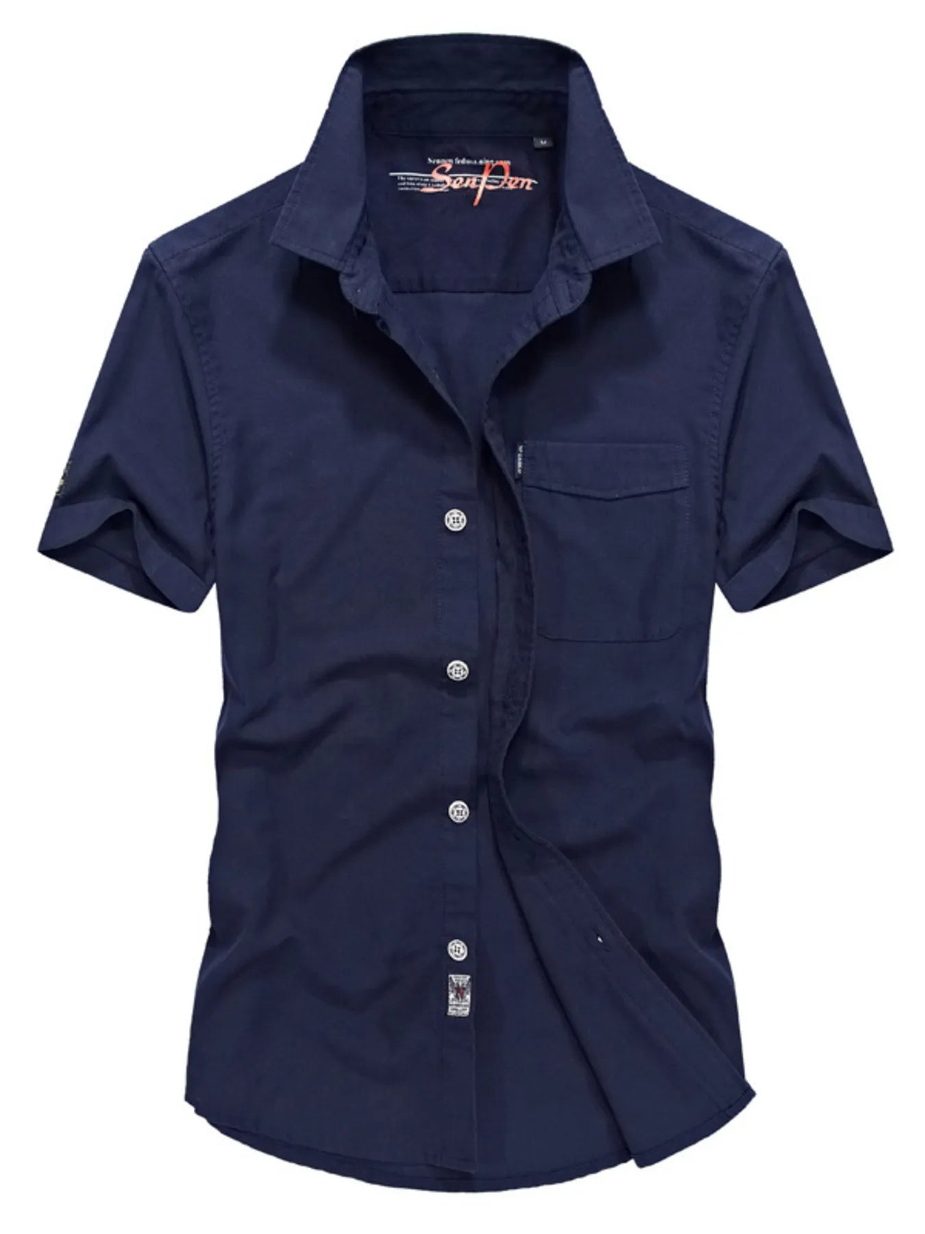 NEWYORKLISTED ATLAS COLLECTION: Navy blue short-sleeve shirt on a white background