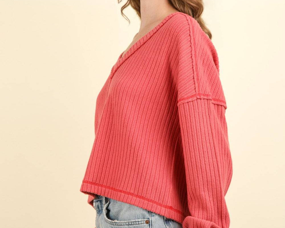 NEWYORKLISTED STYLE COLLECTION: Exposed Seam V-Neck Ribbed Knit Top - NEWYORKLISTED