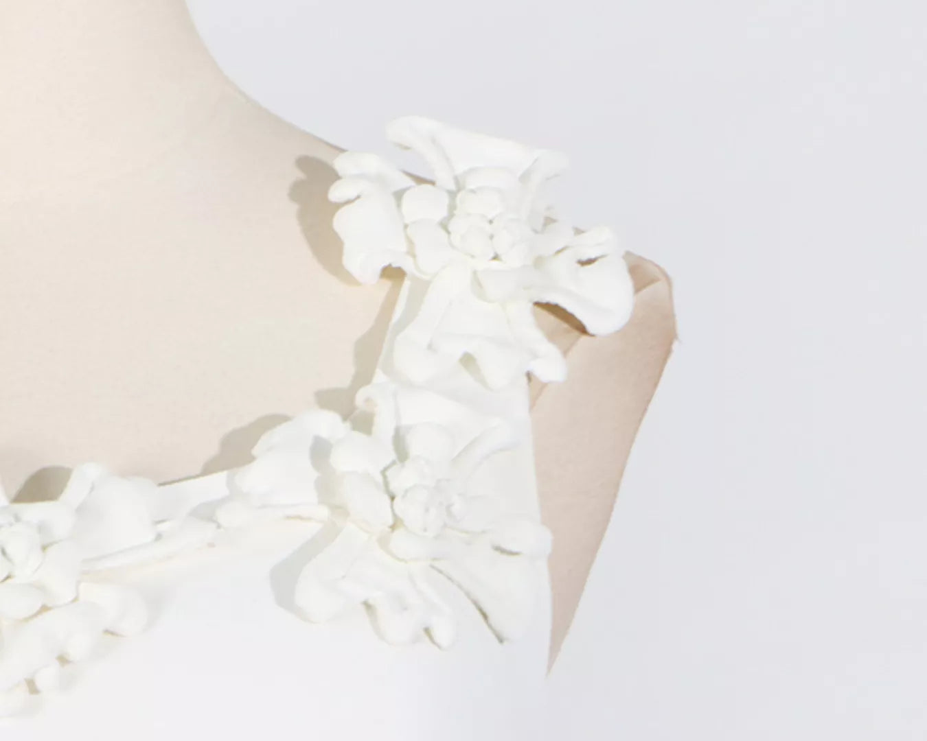 NEWYORKLISTED STYLE COLLECTION: White dress with floral details on a mannequin against a white background