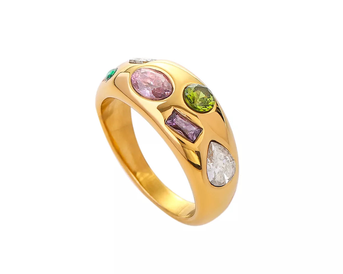 NYLD Glamour Collection by NEWYORKLISTED: Gold ring with colorful gemstones on a white background