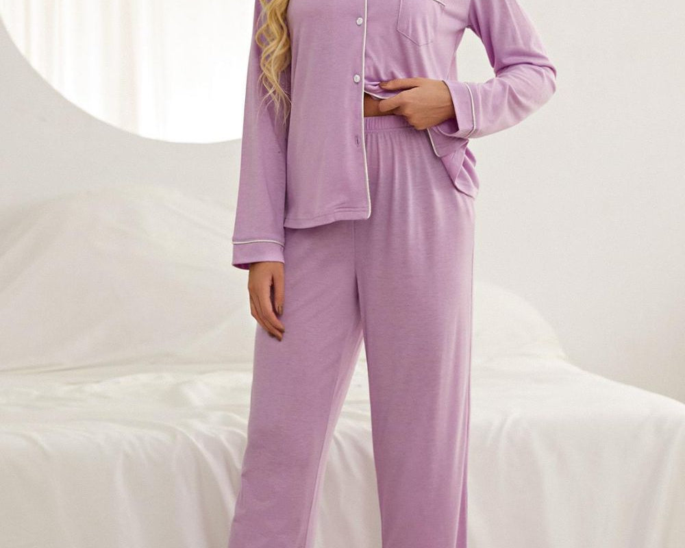 NEWYORKLISTED Intimate Apparel: Woman wearing lavender pajamas in a bedroom setting