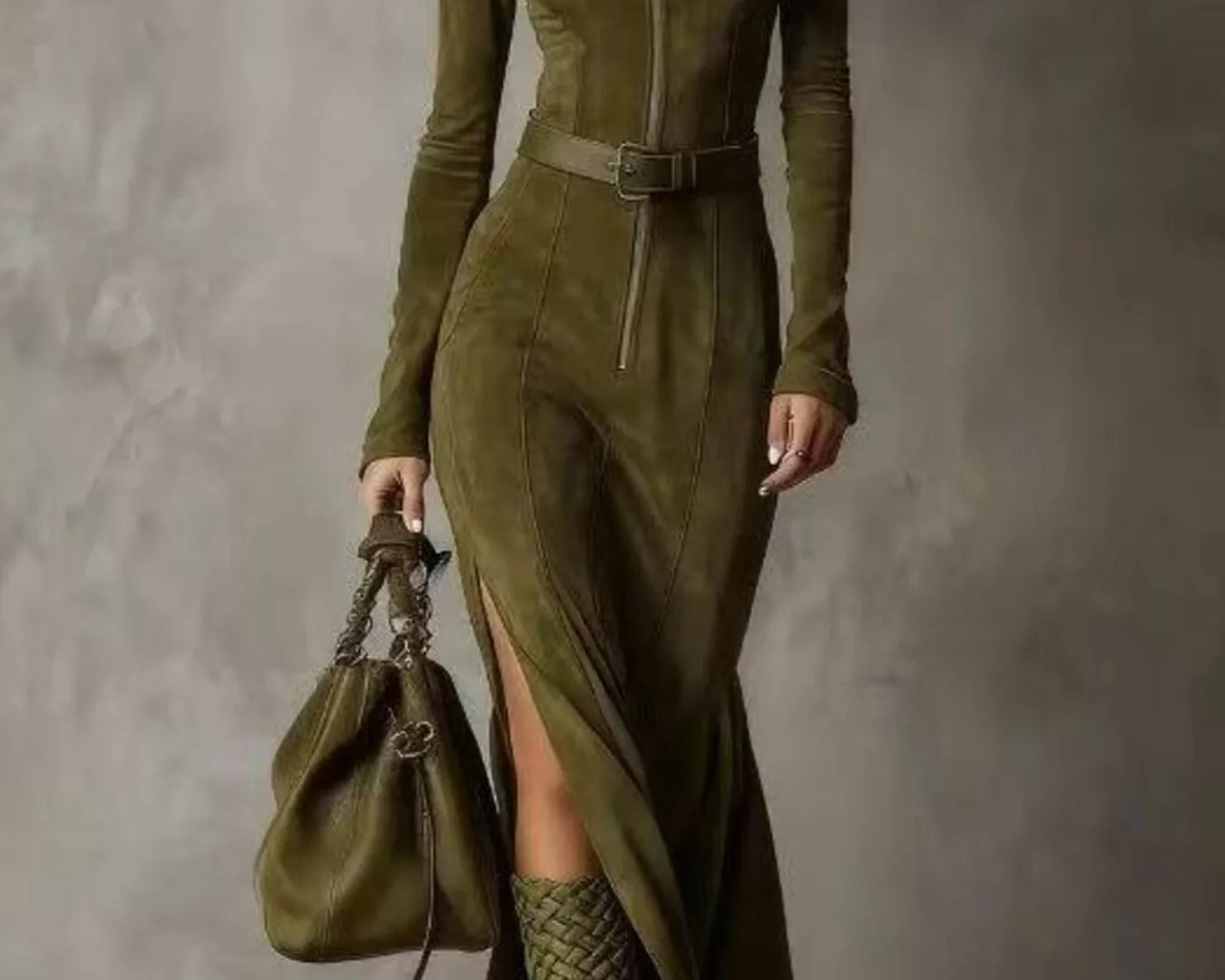 NEWYORKLISTED STYLE COLLECTION: Woman wearing a green dress and boots holding a matching handbag against a gray background