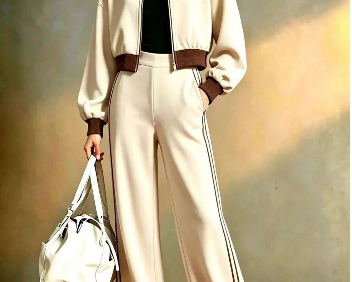 NEWYORKLISTED STYLE COLLECTION: A model wearing a matching beige and brown tracksuit with wide-leg pants, a zip-up jacket, and a black top, holding a white handbag against a textured studio backdrop.