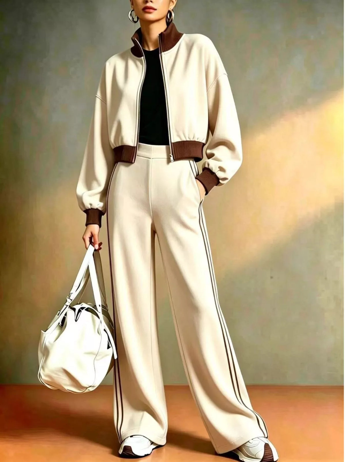 NEWYORKLISTED STYLE COLLECTION: A model wearing a matching beige and brown tracksuit with wide-leg pants, a zip-up jacket, and a black top, holding a white handbag against a textured studio backdrop.