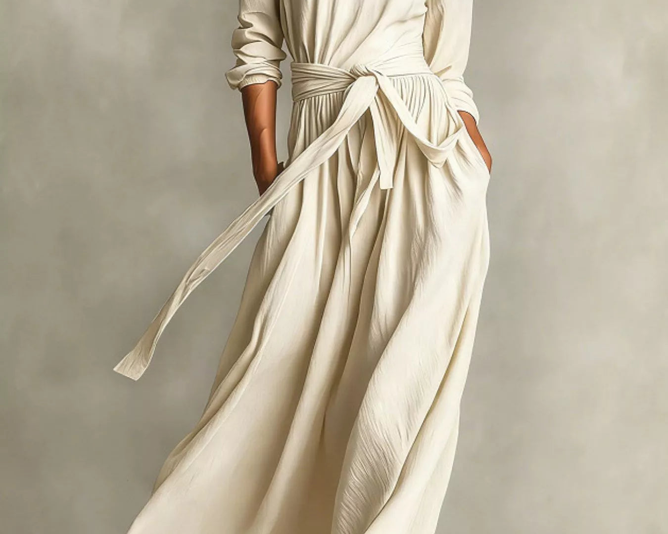 NEWYORKLISTED STYLE COLLECTION: Woman wearing a long, flowing white dress against a neutral background