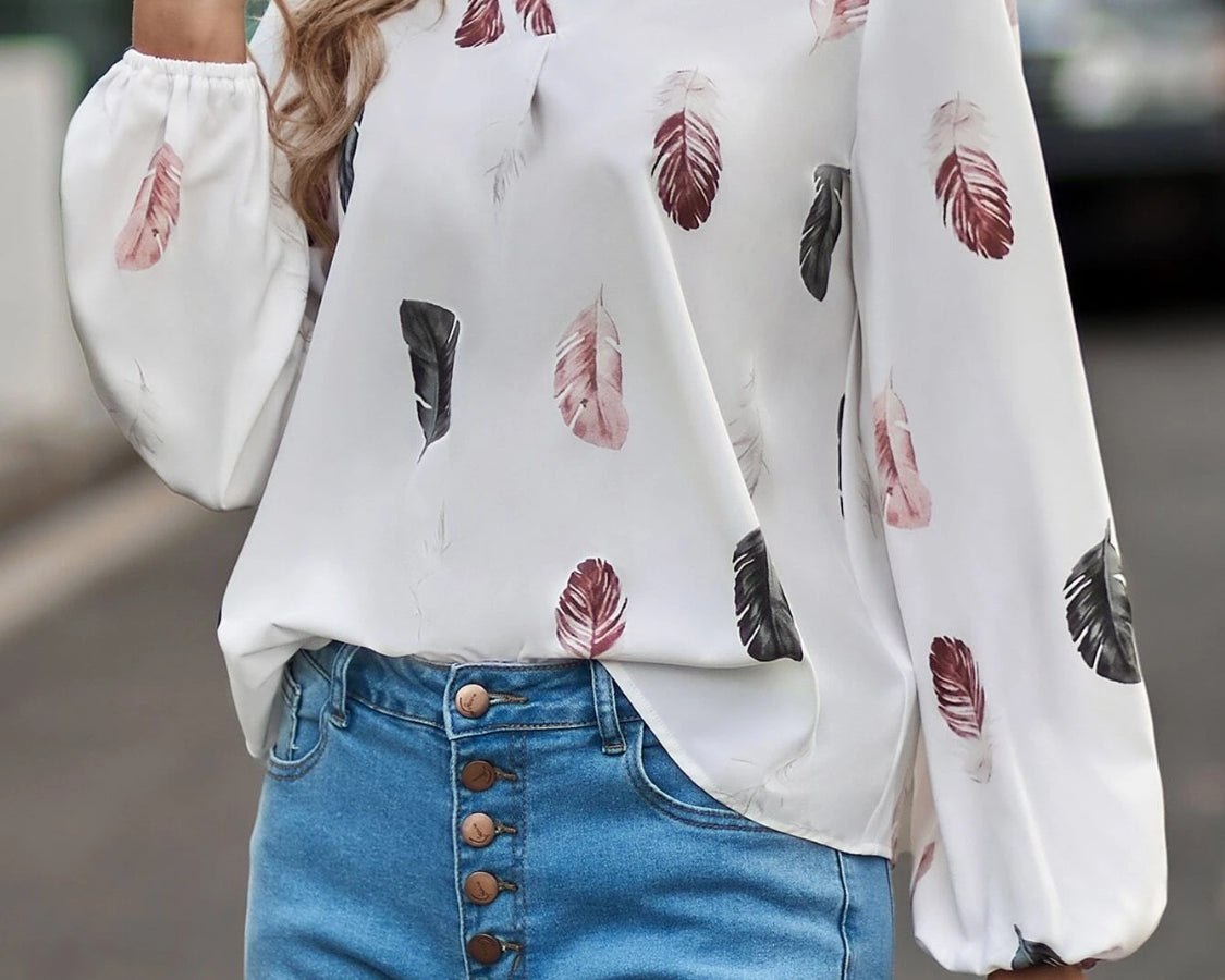 NEWYORKLISTED STYLE COLLECTION: Feather Print Balloon Sleeve Top - NEWYORKLISTED