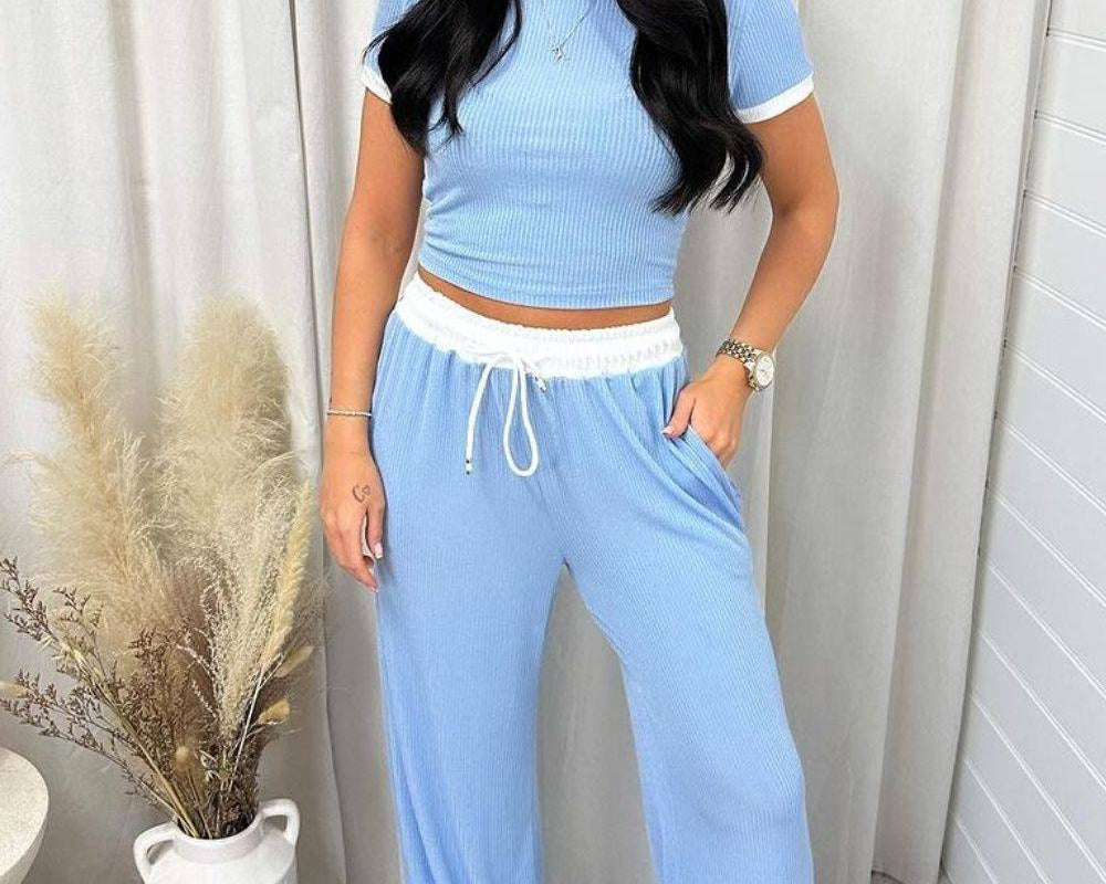 NYLD: Contrast Trim Round Neck Top and Pants Set - NEWYORKLISTED