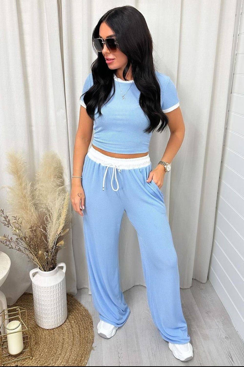 NYLD: Contrast Trim Round Neck Top and Pants Set - NEWYORKLISTED