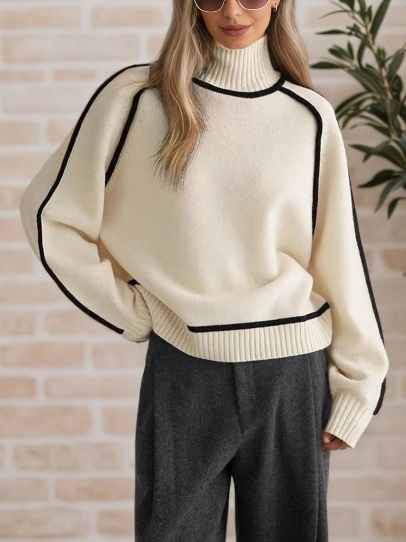 NEWYORKLISTE STYLE COLLECTION: Person wearing a cream sweater with black trim against a brick wall.
