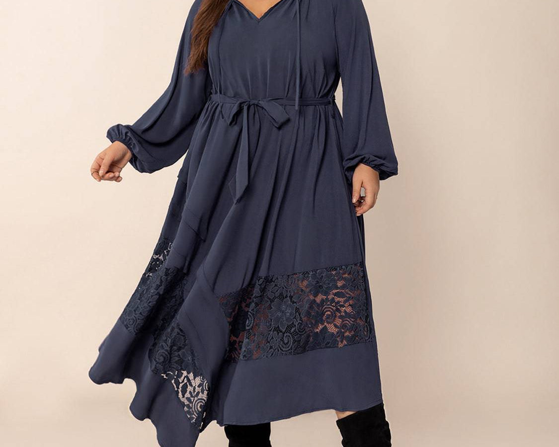 Plus Size Lace Detail Tie Neck Long Sleeve Midi Dress - NEWYORKLISTED