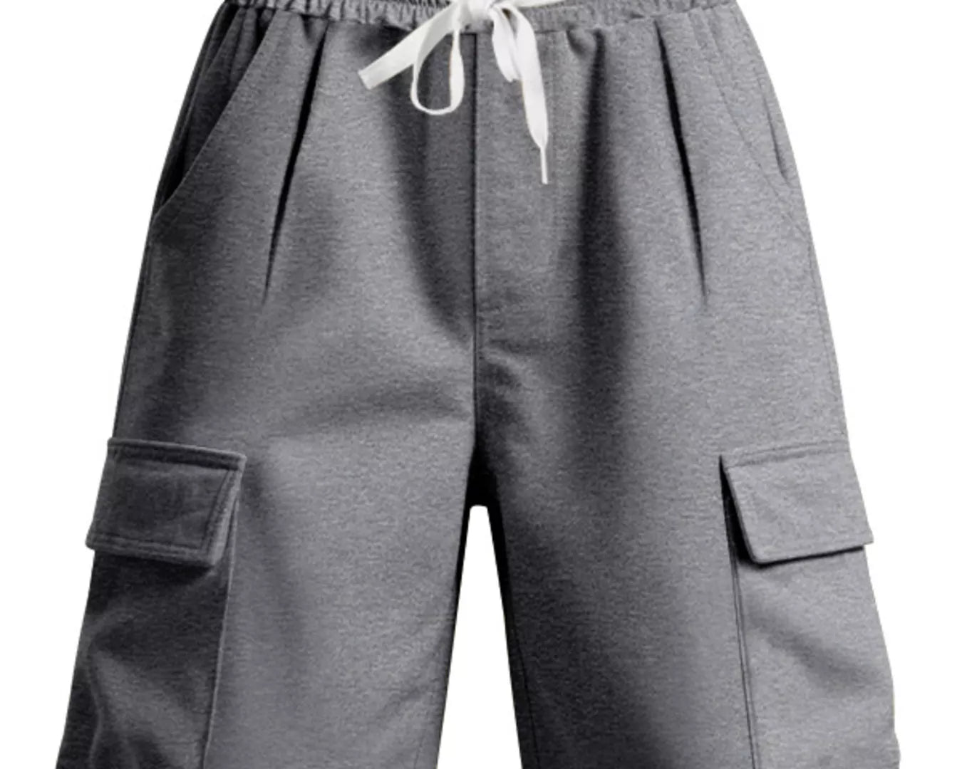 NEWYORKLISTED ATLAS MEN'S COLLECTION: Gray cargo shorts with pockets and a drawstring on a white background