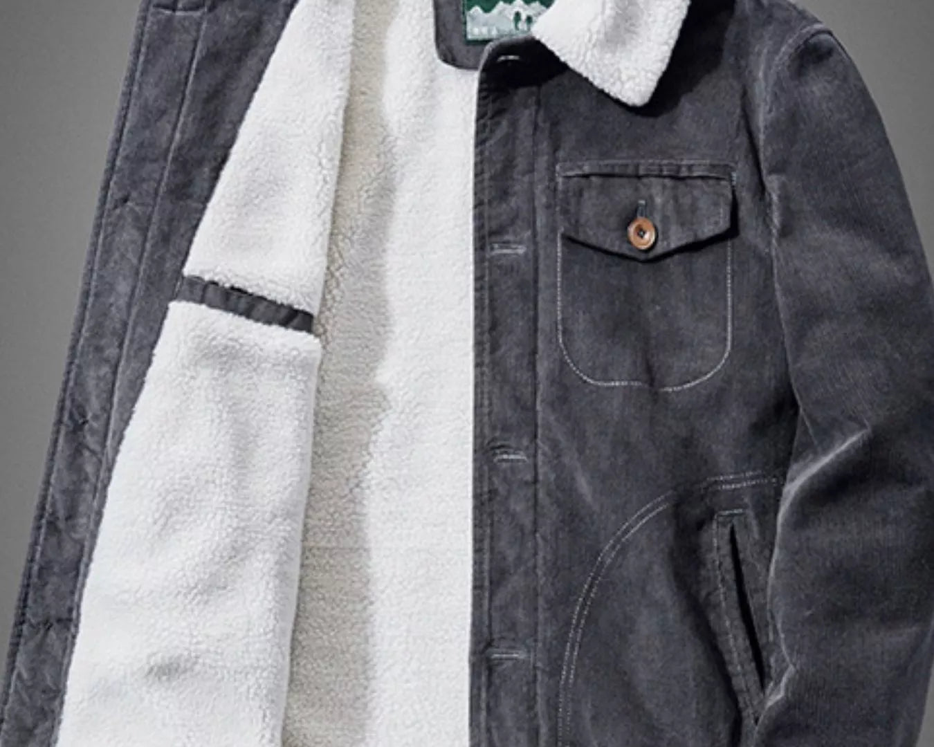 NEWYORKLISTED ATLAS MEN'S COLLECTION: Denim jacket with white fleece lining on a gray background