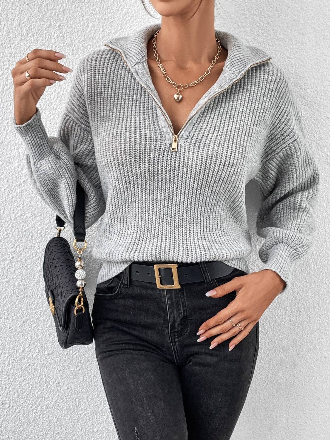 Honey Half Zip Dropped Shoulder Sweater - NEWYORKLISTED