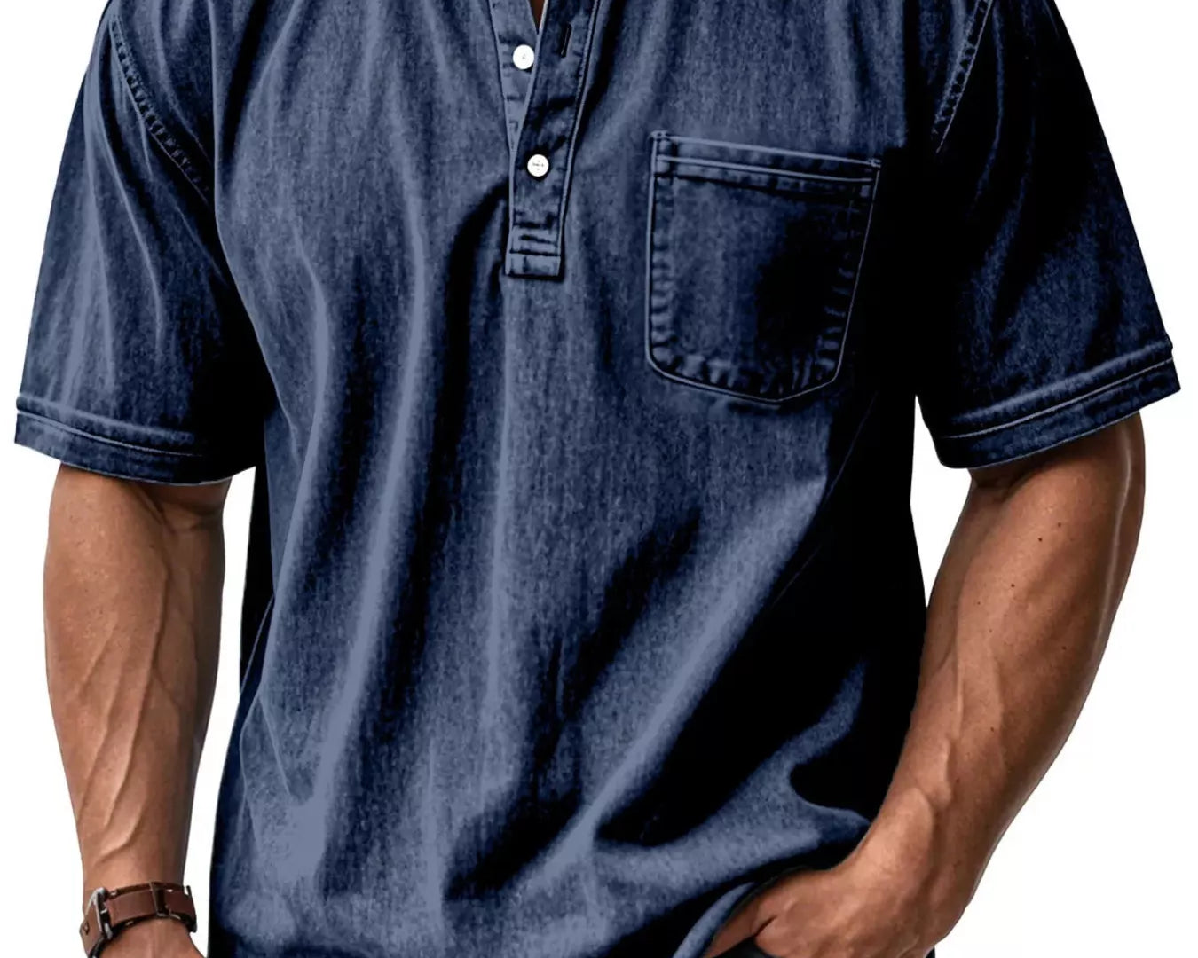 NEWYORKLISTED ATLAS MEN'S COLLECTION: Man wearing a blue denim shirt with a white background