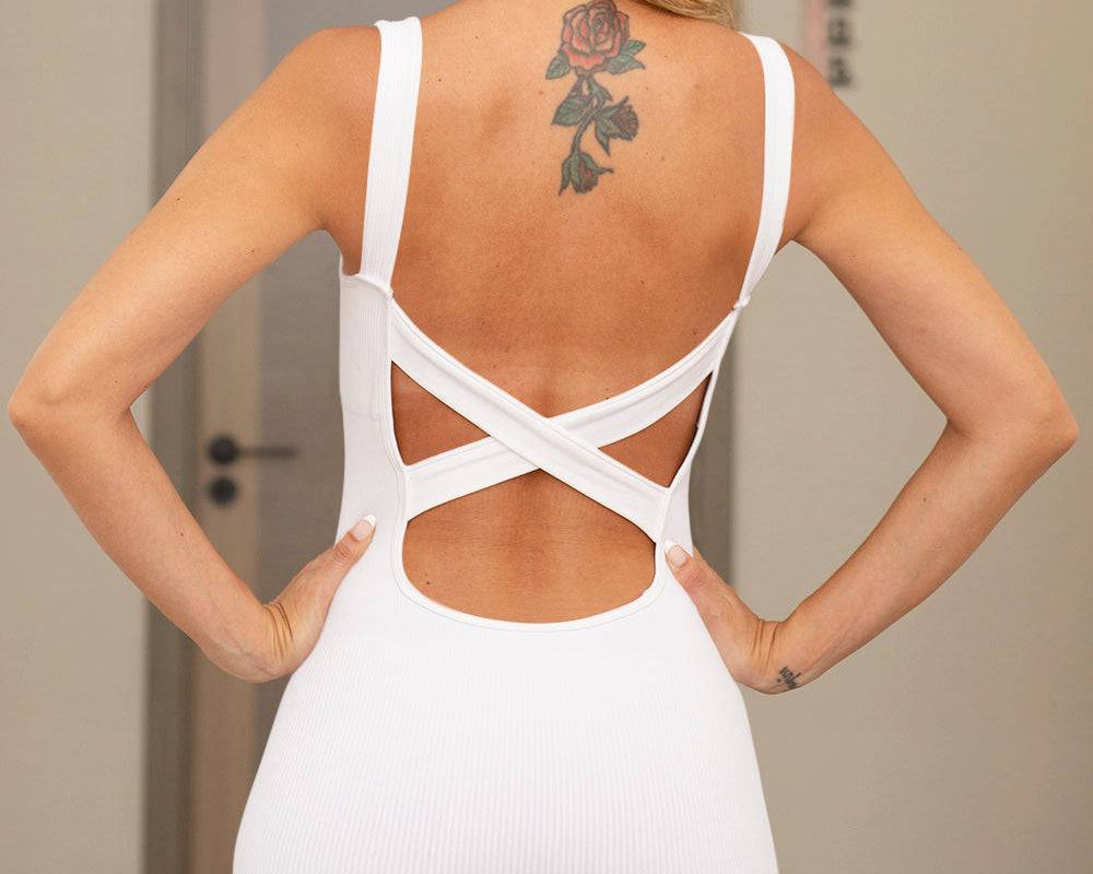 Crisscross Wide Strap Active Romper: NEWYORKLISTED STYLE COLLECTION - NEWYORKLISTED