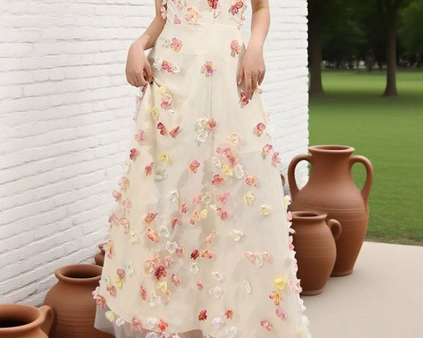 NEWYORKLISTED STYLE COLLECTION: Woman wearing a strapless floral dress standing next to terracotta pots against a white brick wall.
