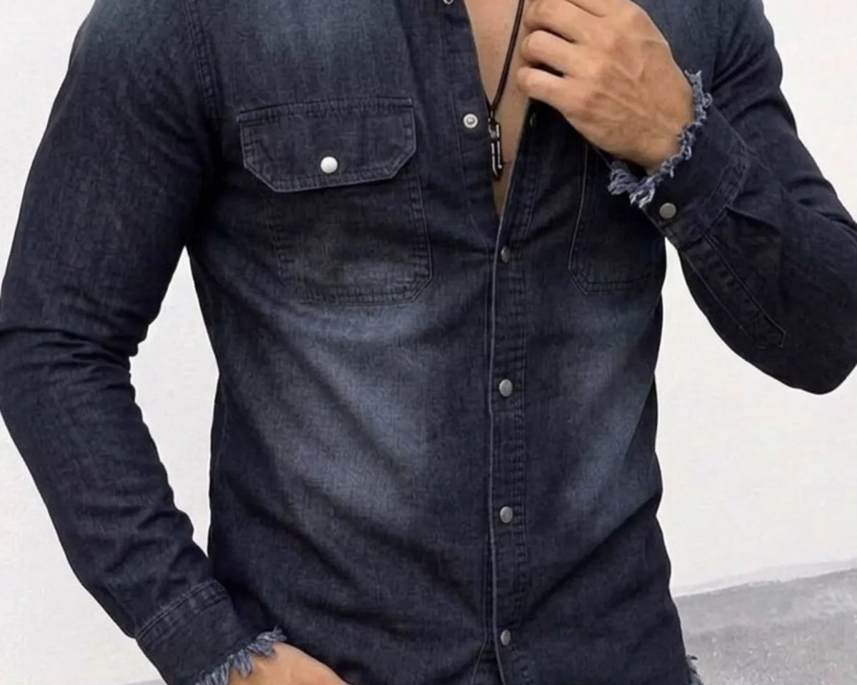 NEWYORKLISTED ATLAS MEN'S COLLECTION – Men's frayed-hem denim-look button-down shirt, product image 5
