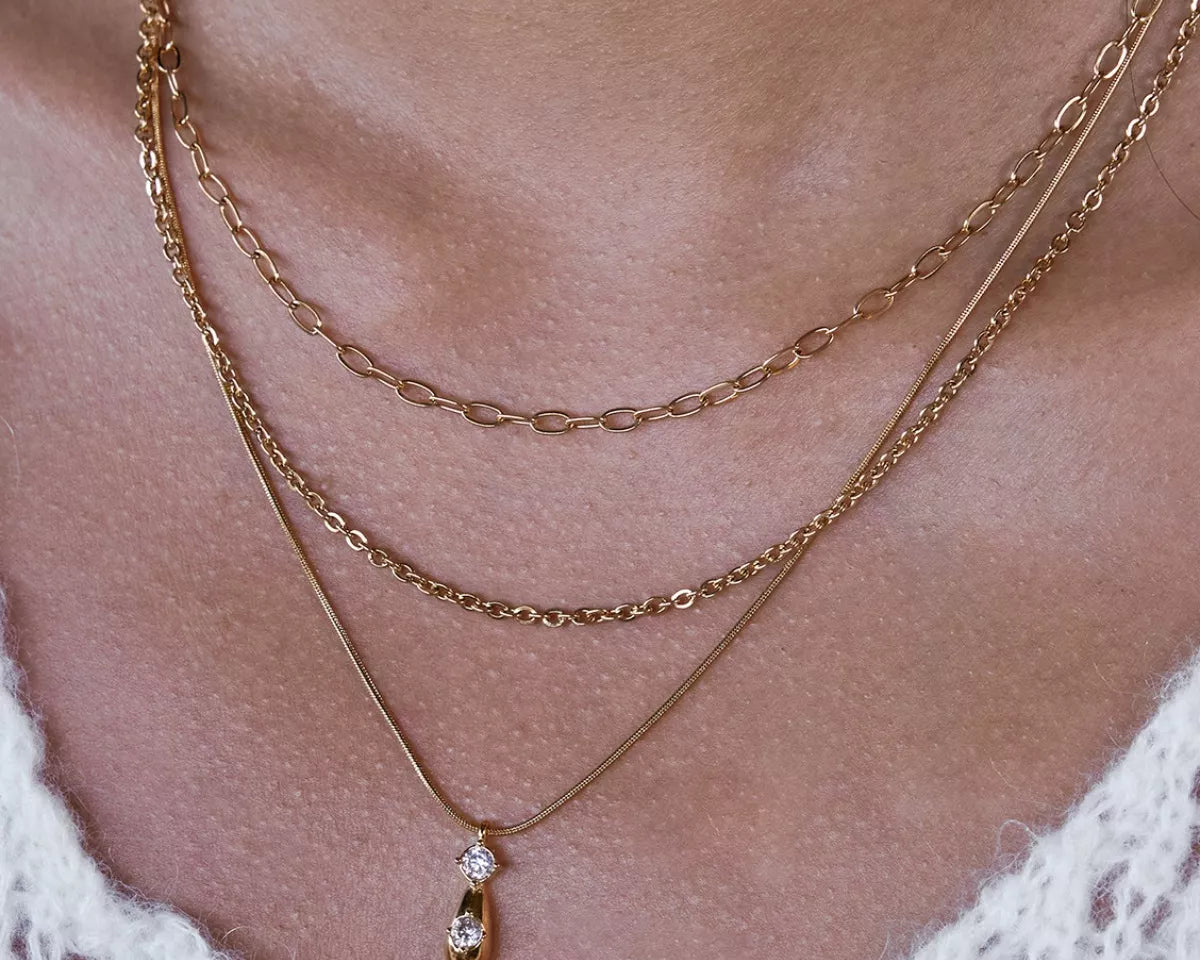 NYLD Glamour Collection by NEWYORKLISTED: Close-up of a person wearing two gold necklaces with a delicate pendant on a soft background.