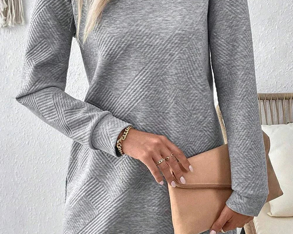 Textured Round Neck Long Sleeve Mini Dress - NEWYORKLISTED