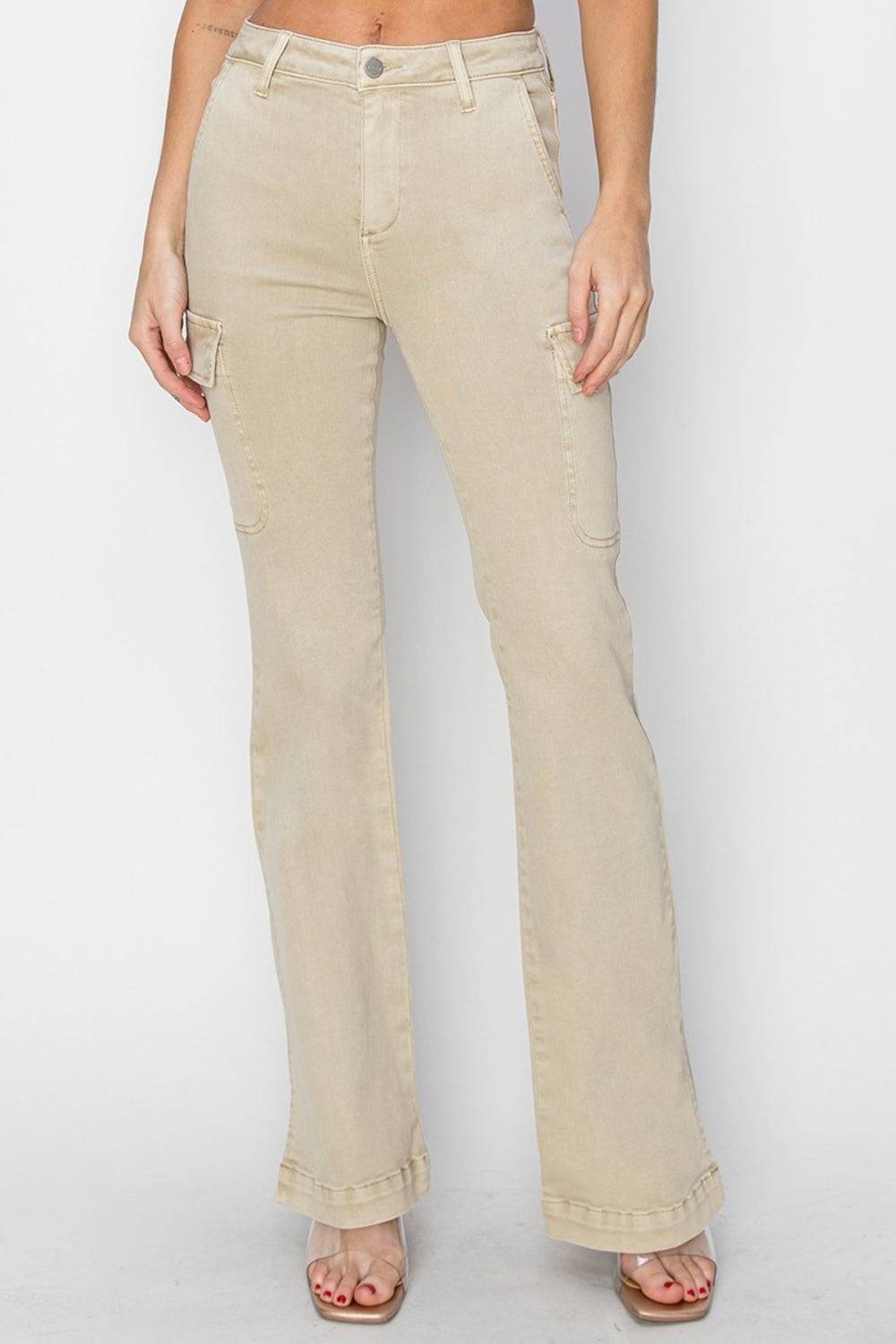 RISEN Full Size High Rise Side Slit Cargo Bootcut Jeans - NEWYORKLISTED