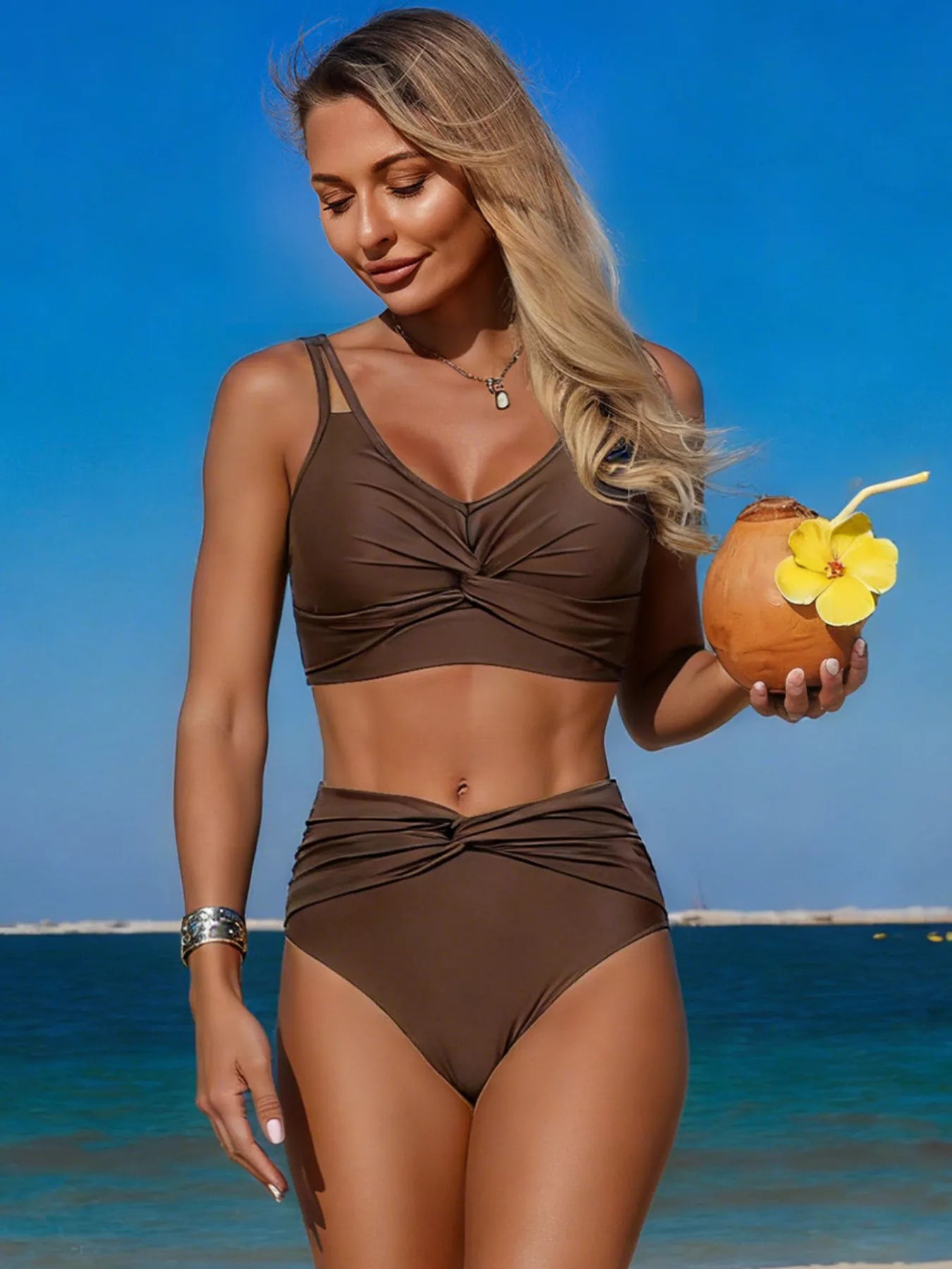 NEWYORKLISTED EDEN COLLECTION: Twist Front High Waisted Swim Set – Ruched Two-Piece Swimsuit in brown