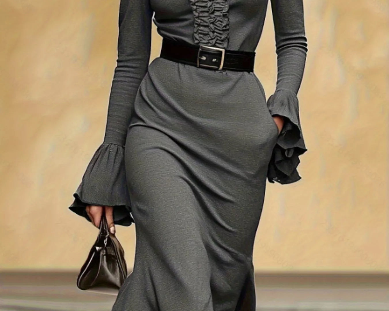 NEWYORKLISTED STYLE COLLECTION: Gray dress with ruffled details and a belt on a neutral background