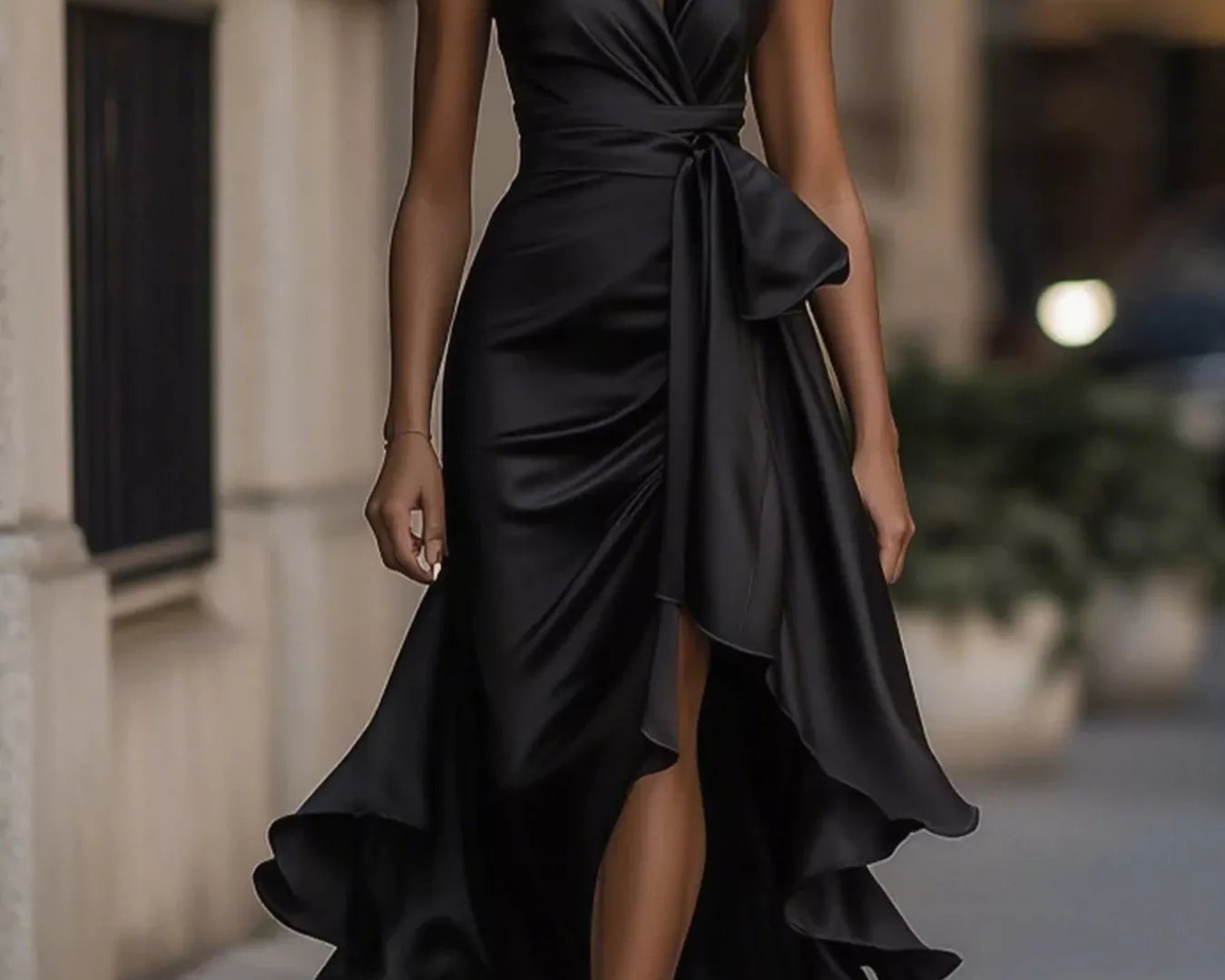 NEWYORKLISTED STYLE COLLECTION: Woman wearing a black dress with a blurred street background