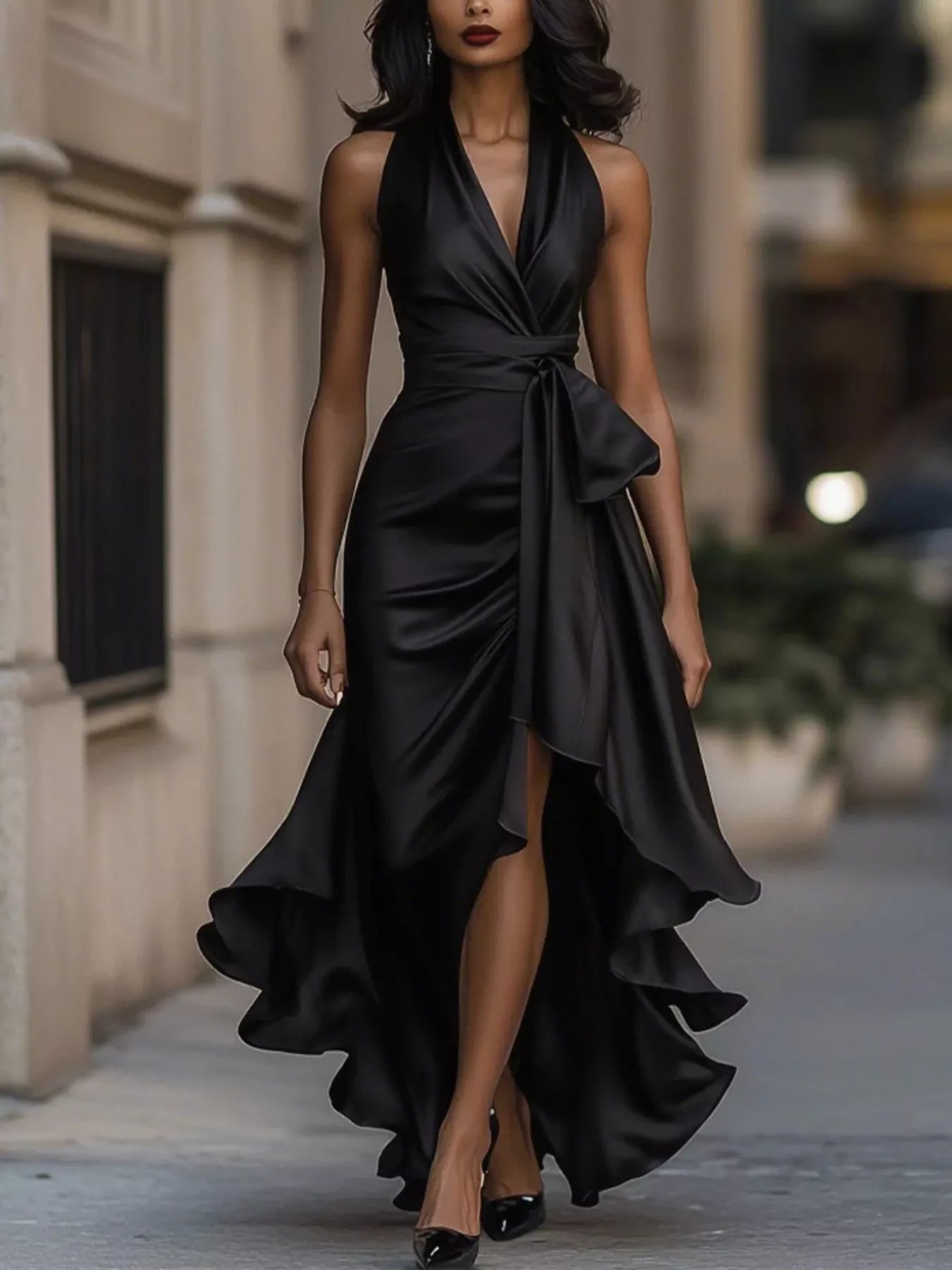 NEWYORKLISTED STYLE COLLECTION: Woman wearing a black dress with a blurred street background