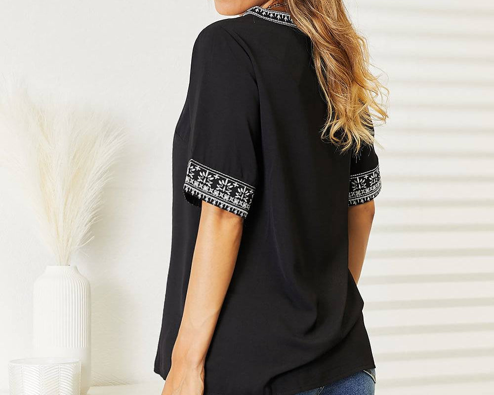 NEWYORKLISTED: Embroidered Notched Neck Top - NEWYORKLISTED