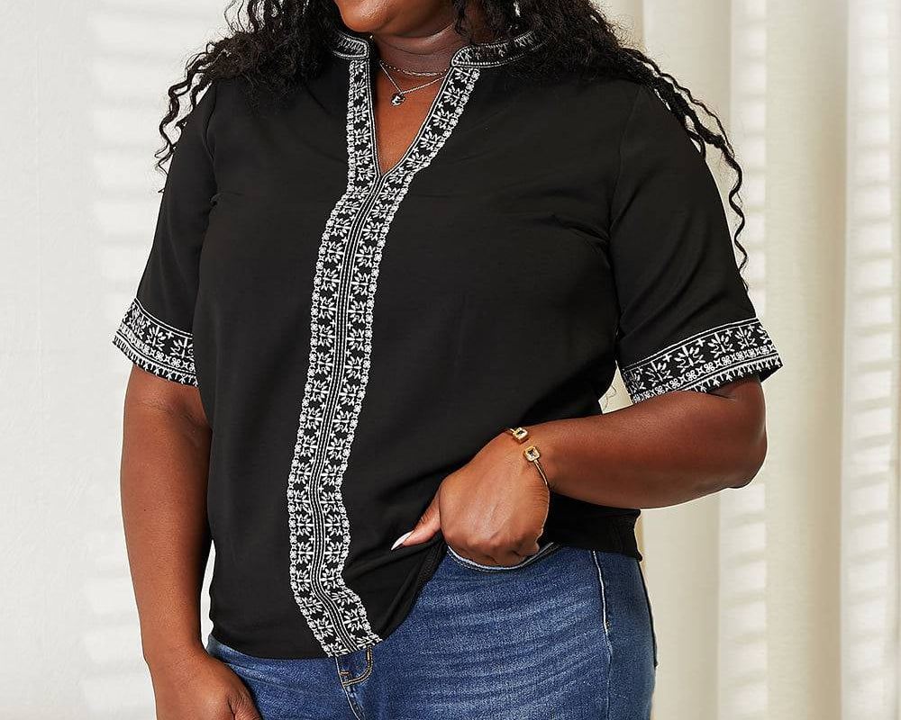 NEWYORKLISTED: Embroidered Notched Neck Top - NEWYORKLISTED