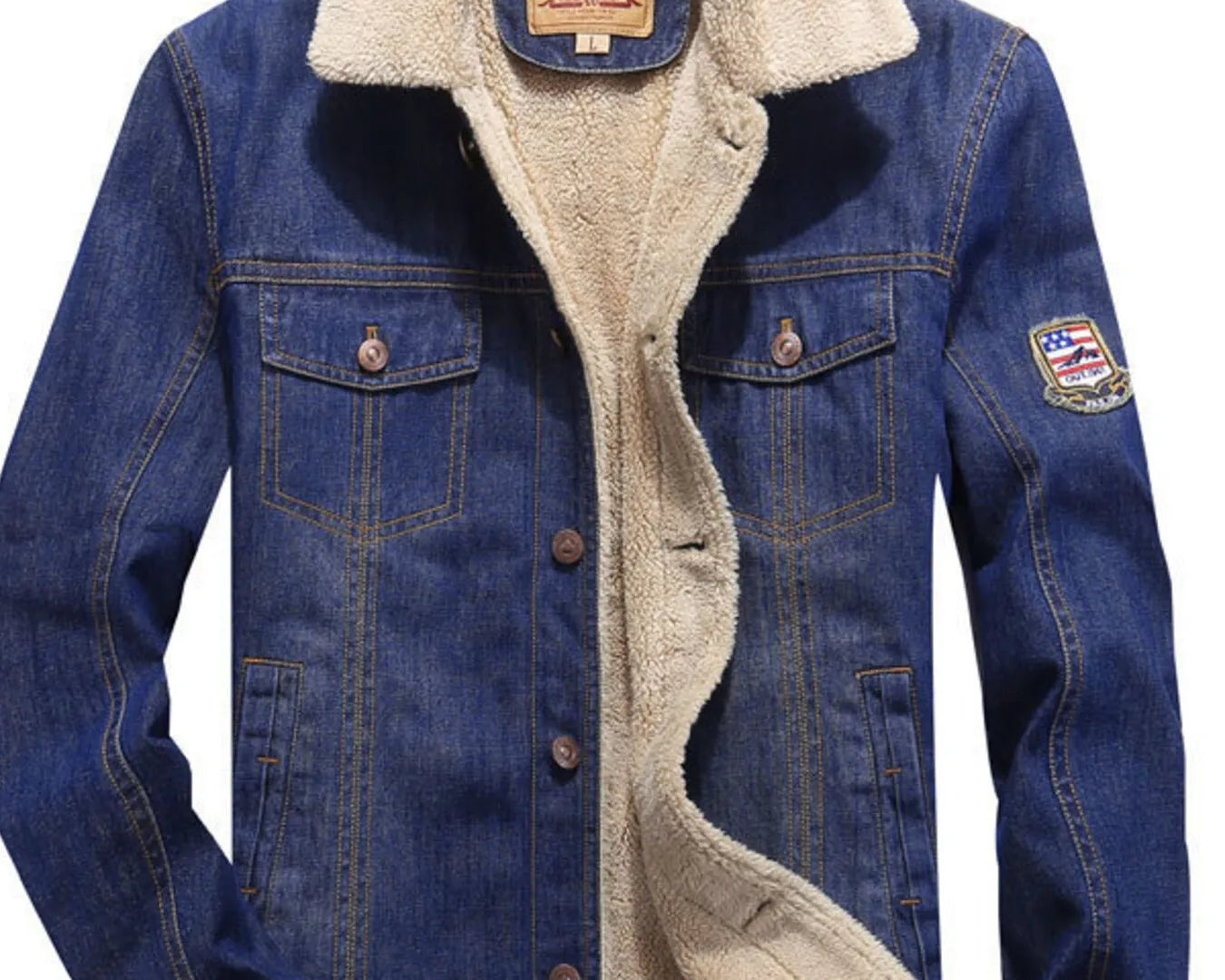 NEWYORKLISTED ATLAS MEN"S COLLECTION: Blue denim jacket with beige sherpa lining on a white background