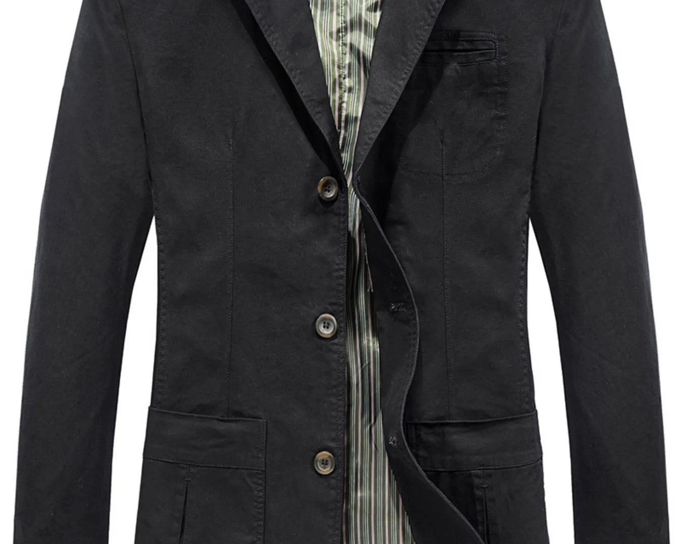 NEWYORKLISTED ATLAS MEN"S COLLECTION: Black jacket with a striped shirt underneath on a white background