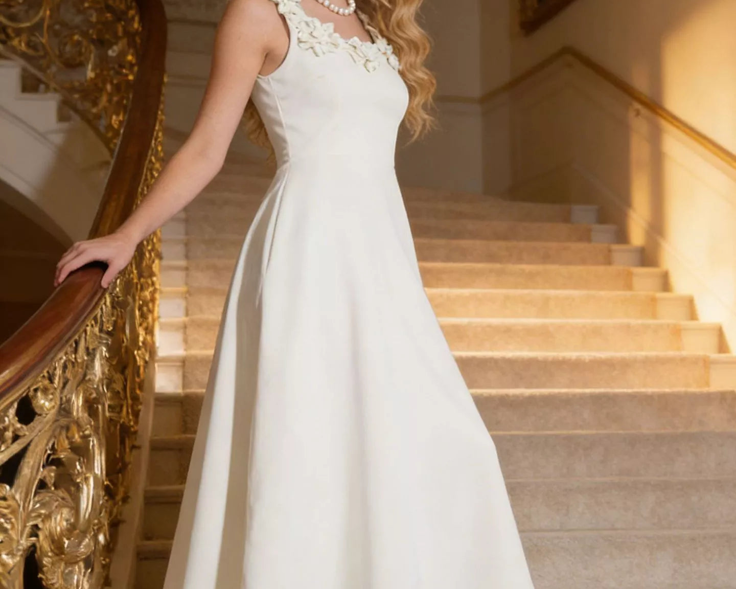 NEWYORKLISTED STYLE COLLECTION: Woman in a white dress standing on a staircase with ornate railings.