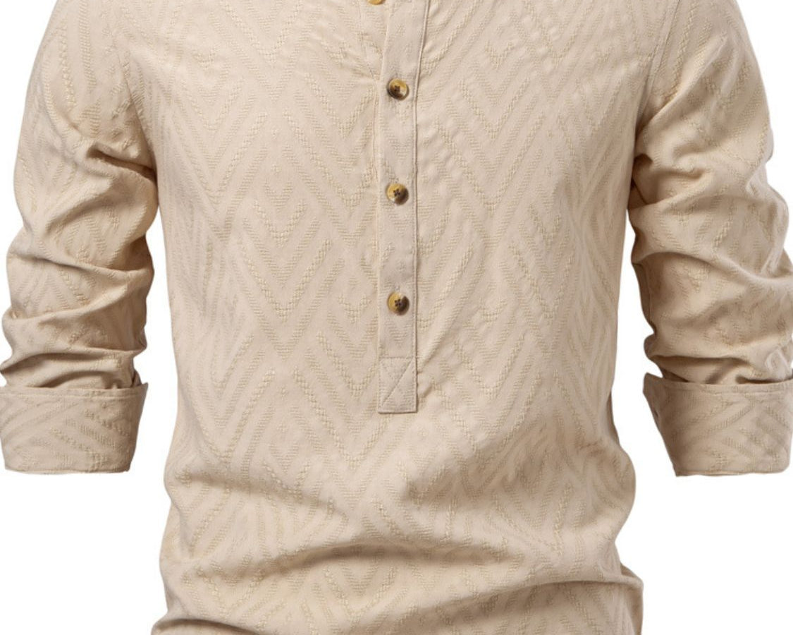 NEWYORKLISTED ATLAS MEN’S COLLECTION: Men's Half Button Geometric Texture Collared Neck Shirt in Khaki