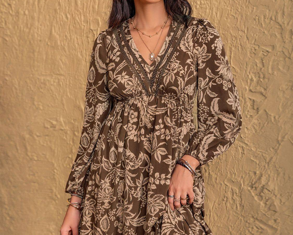 Ruched Printed V-Neck Long Sleeve Midi Dress - NEWYORKLISTED