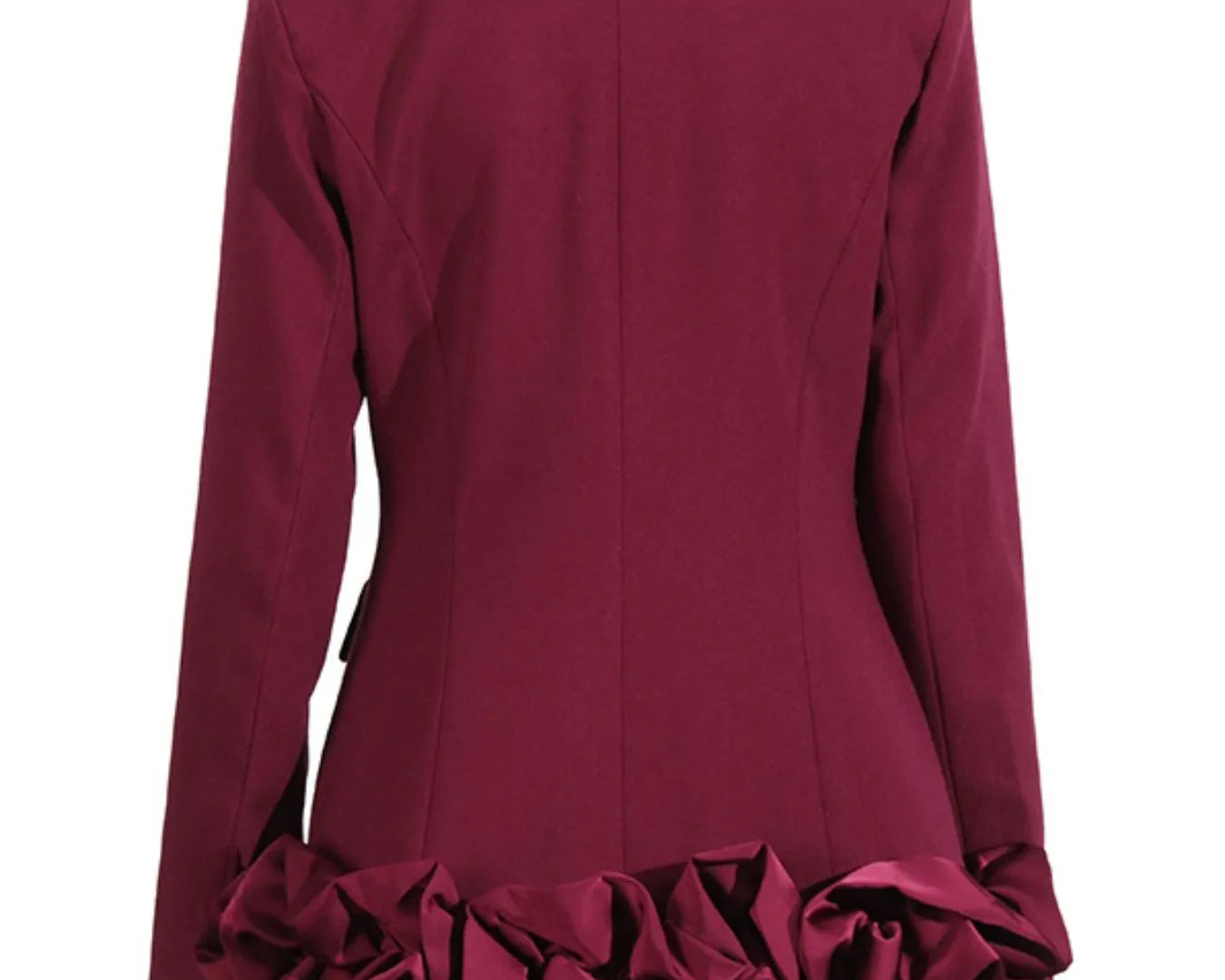 NEWYORKLISTED Runway Style: Maroon coat with ruffled hem on a white background