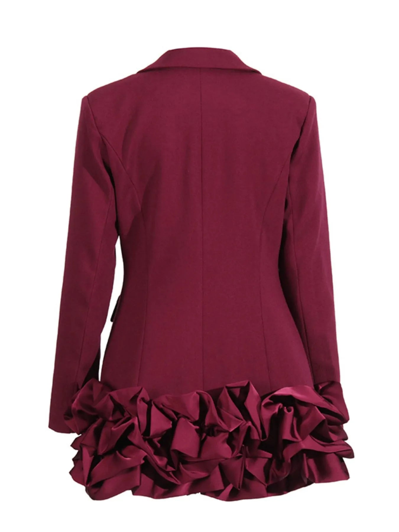 NEWYORKLISTED Runway Style: Maroon coat with ruffled hem on a white background