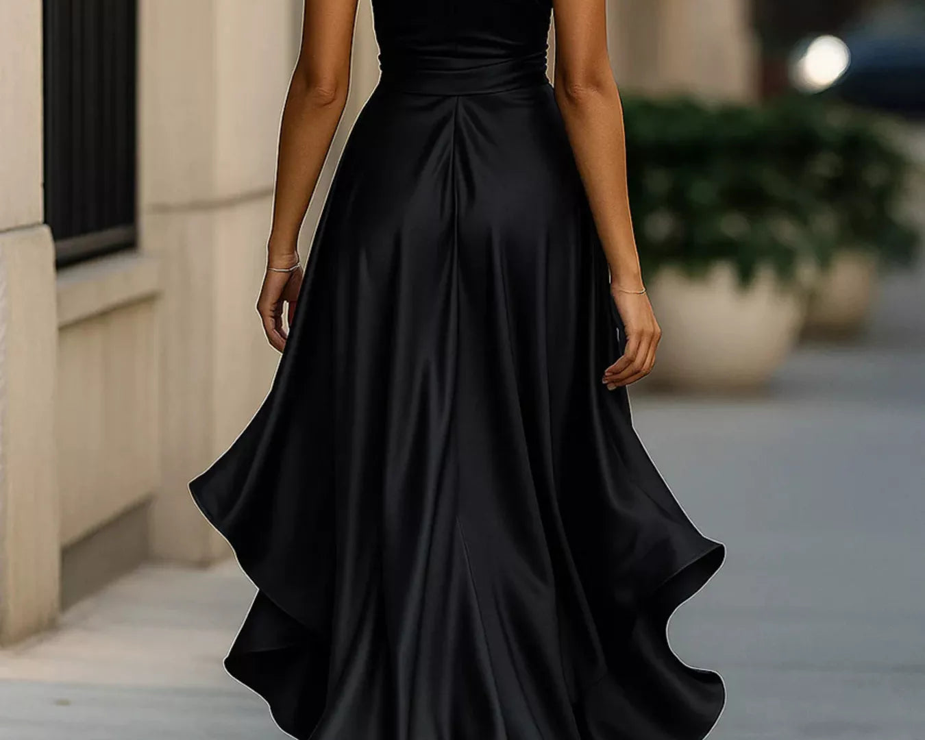 NEWYORKLISTED STYLE COLLECTION: Woman wearing a black halter neck gown walking on a sidewalk.