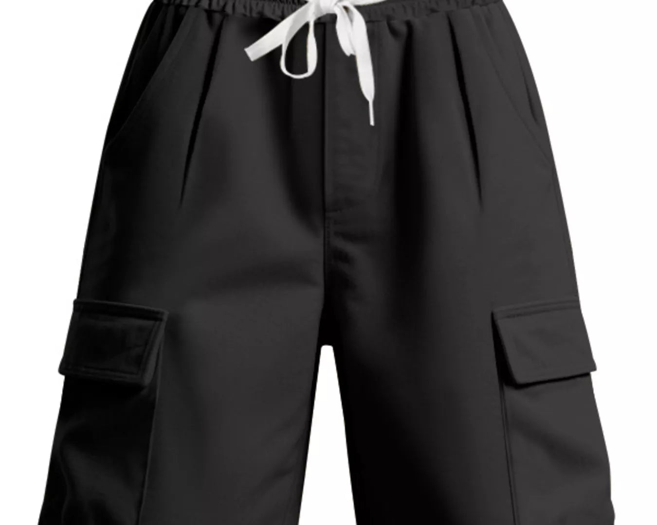 NEWYORKLISTED ATLAS MEN'S COLLECTION: Black cargo shorts with white drawstring on a white background