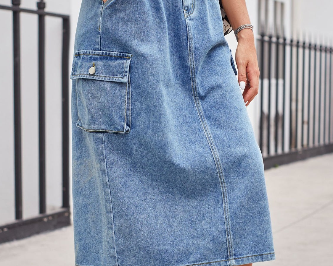 Slit Buttoned Denim Skirt with Pockets - NEWYORKLISTED