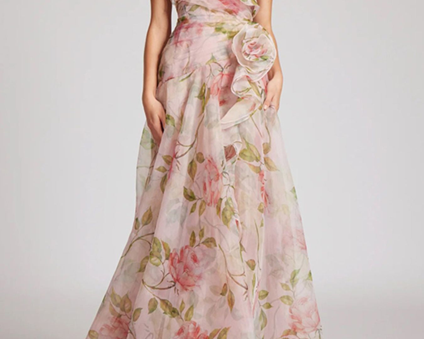 NEWYORKLISTED STYLE COLLECTION: Floral one-shoulder dress on a white background