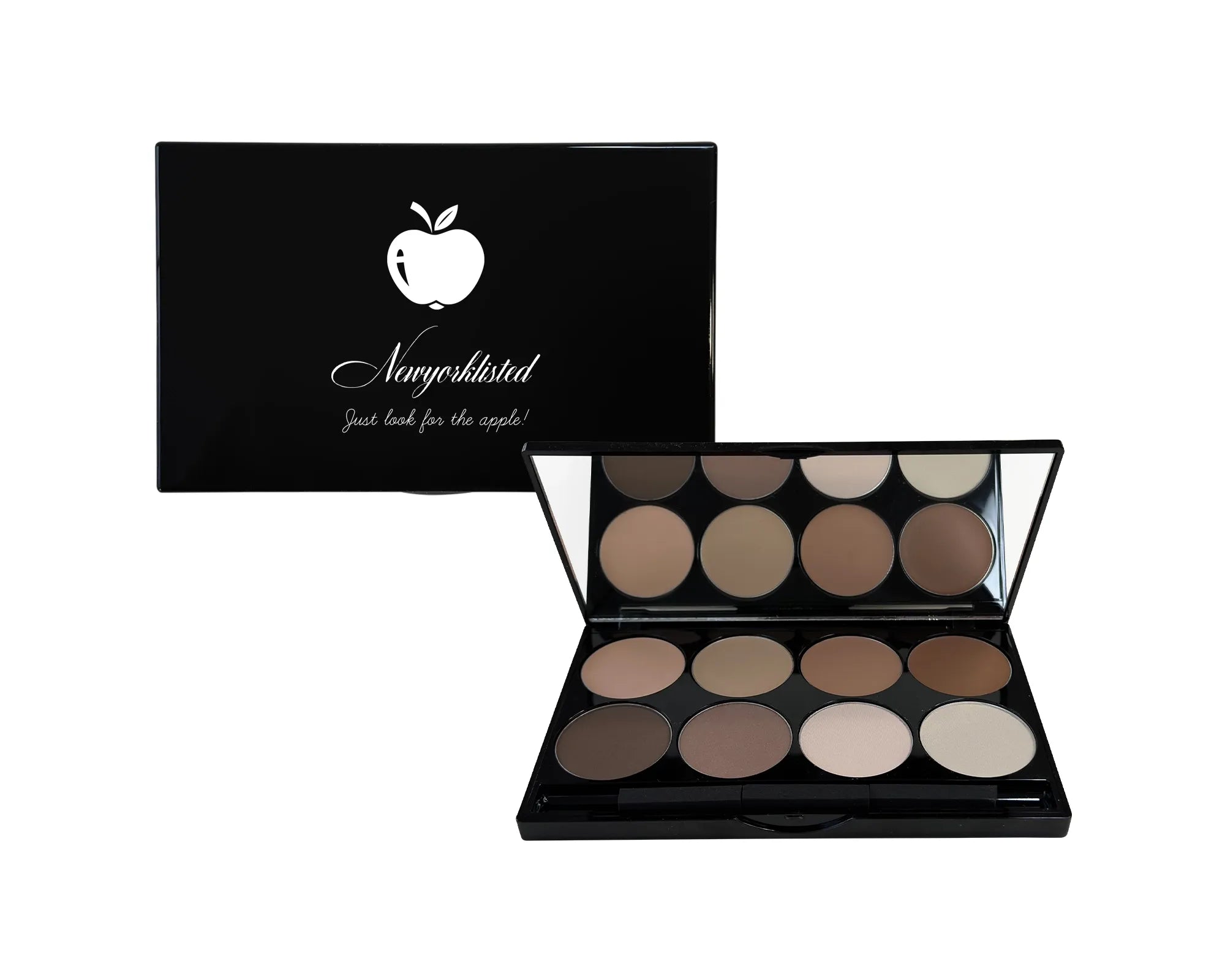 NEWYORKLISTED Cosmetic Collection: Ultimate Contour Makeup palette with shades of brown and beige, open and closed, on a white background.