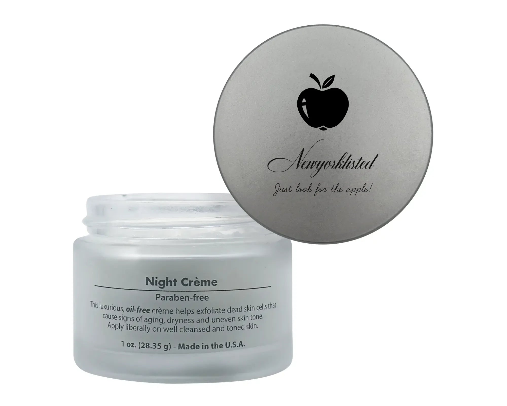 NEWYORKLISTED Cosmetic Collection: Jar of NEWYORKLISTED Night Renewal Crème with a silver lid on a white background