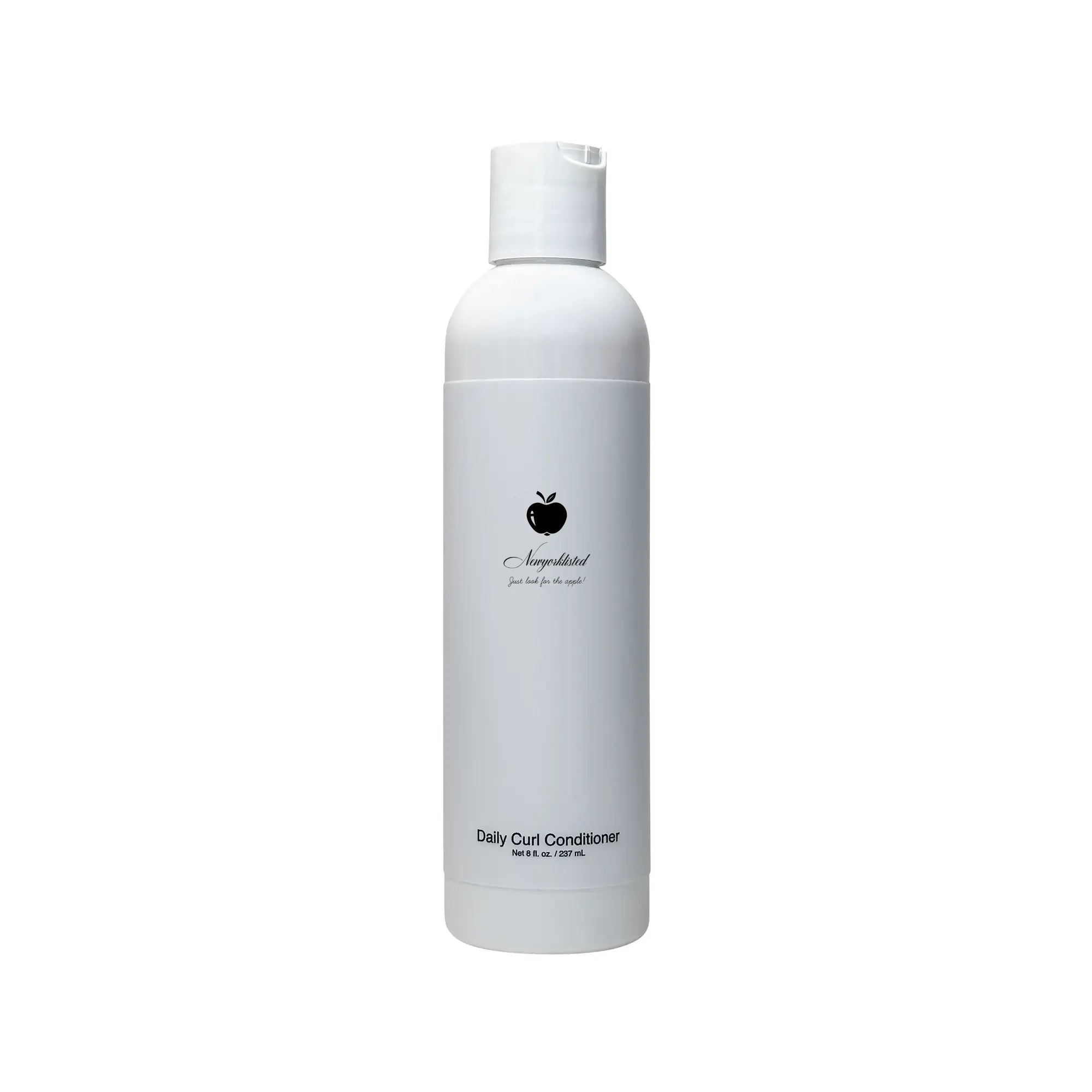 NEWYORKLISTED COSMETIC COLLECTION Daily Curl Conditioner in a sleek minimalist bottle, shown with natural ingredients like meadowfoam and murumuru butter on a white background.