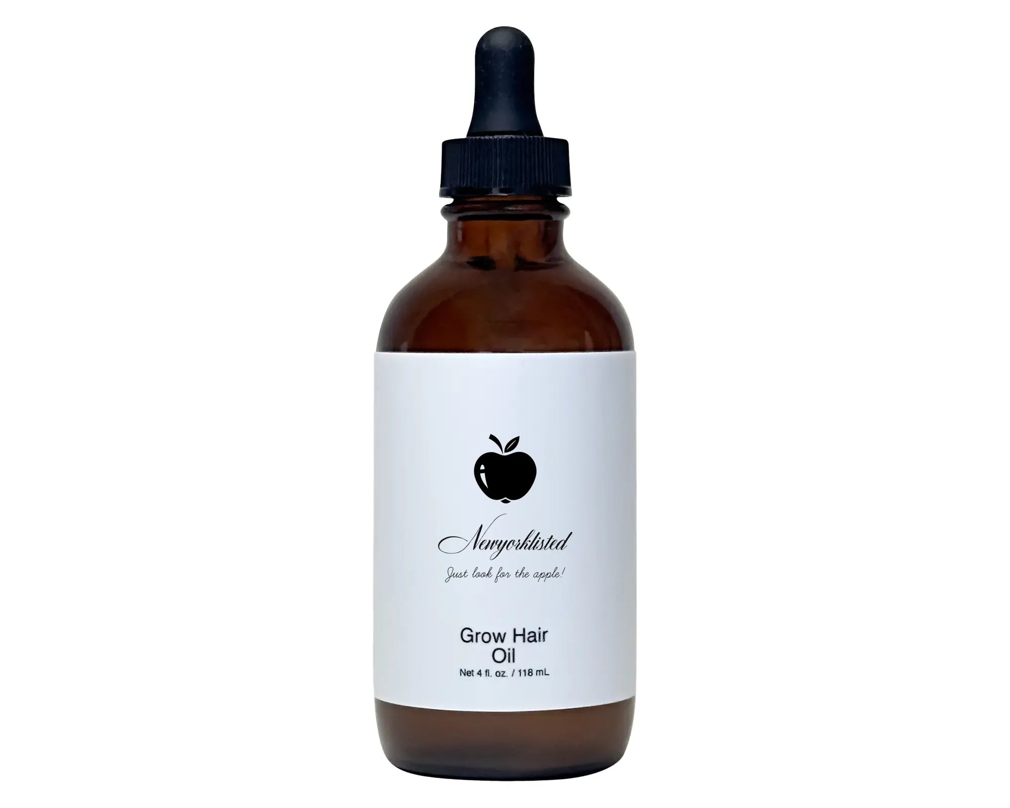 NEWYORKLISTED COSMETIC COLLECTION: Grow Hair Oil, Brown glass bottle with dropper labeled 'Grow Hair Oil' on a white background