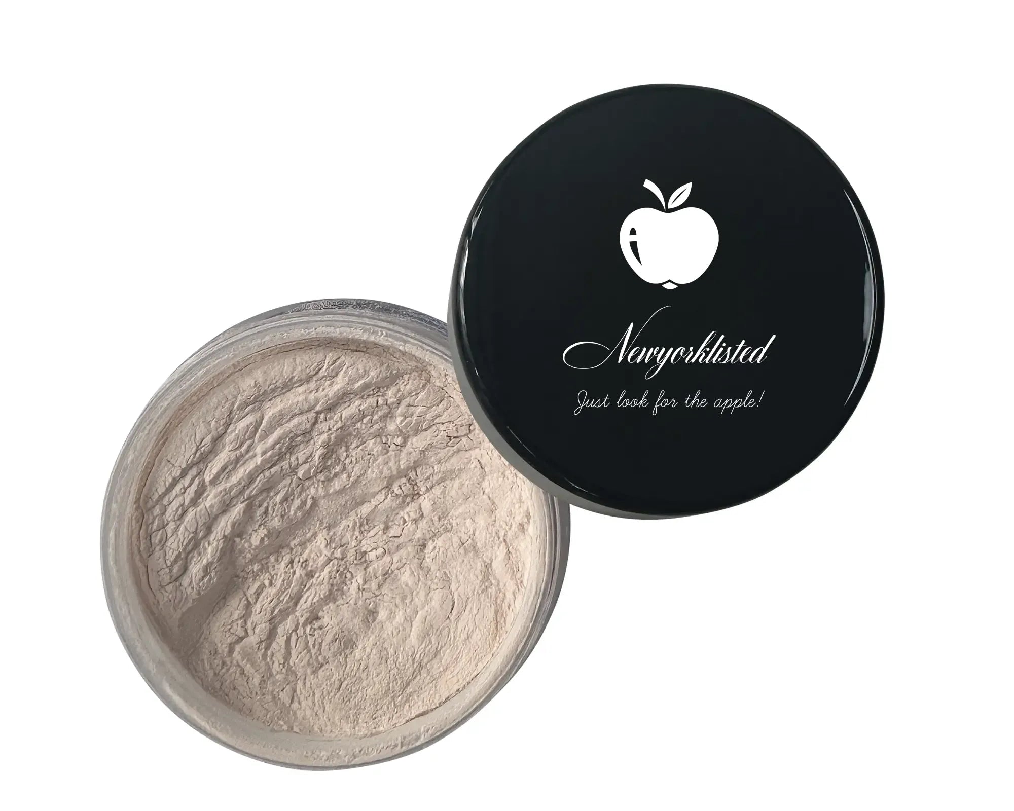 NEWYORKLISTED COSMETIC COLLECTION: Open container of NEWYORKLISTED powder with black lid featuring the NEWYORKLISTED logo and text on a white background