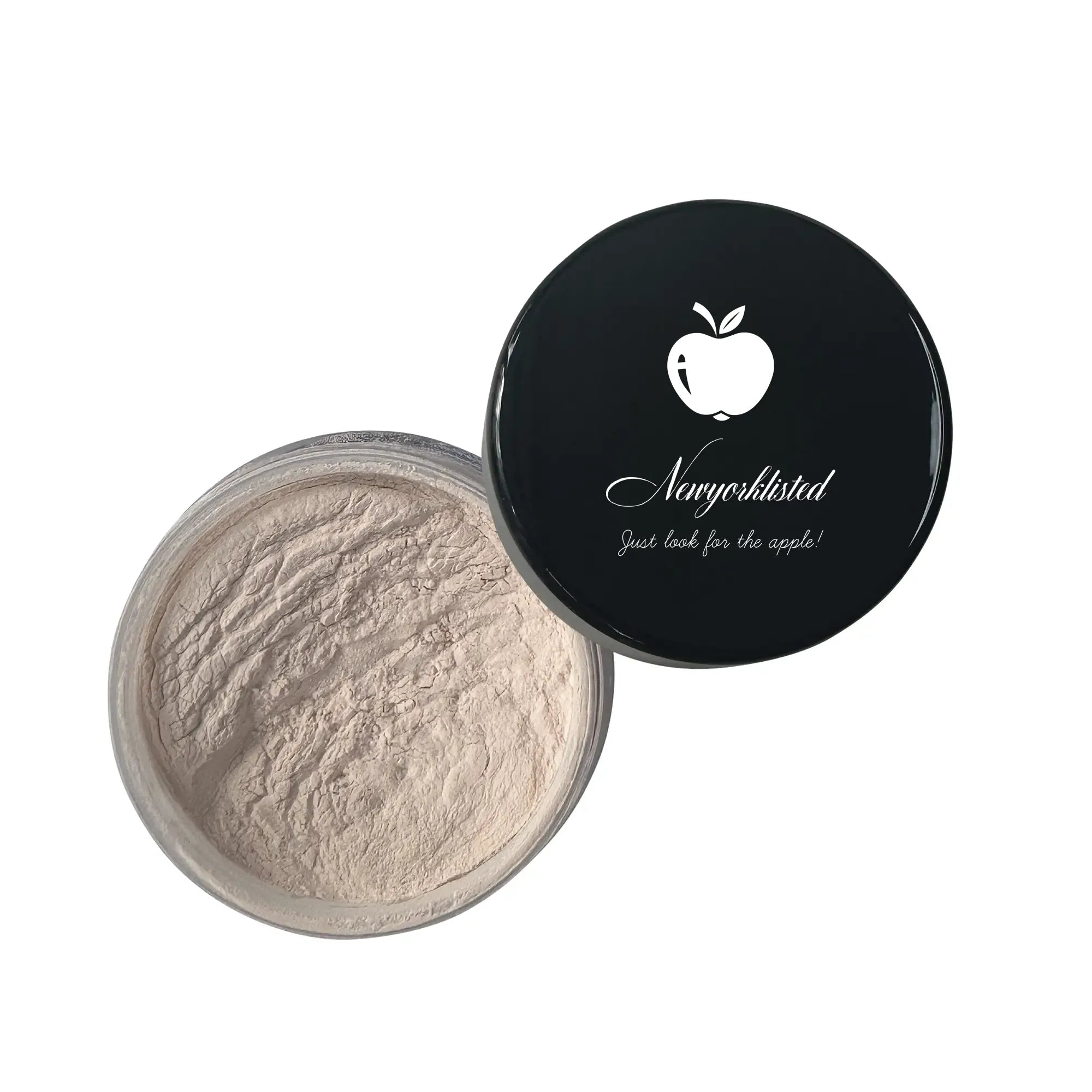 NEWYORKLISTED COSMETIC COLLECTION: Open container of NEWYORKLISTED powder with black lid featuring the NEWYORKLISTED logo and text on a white background