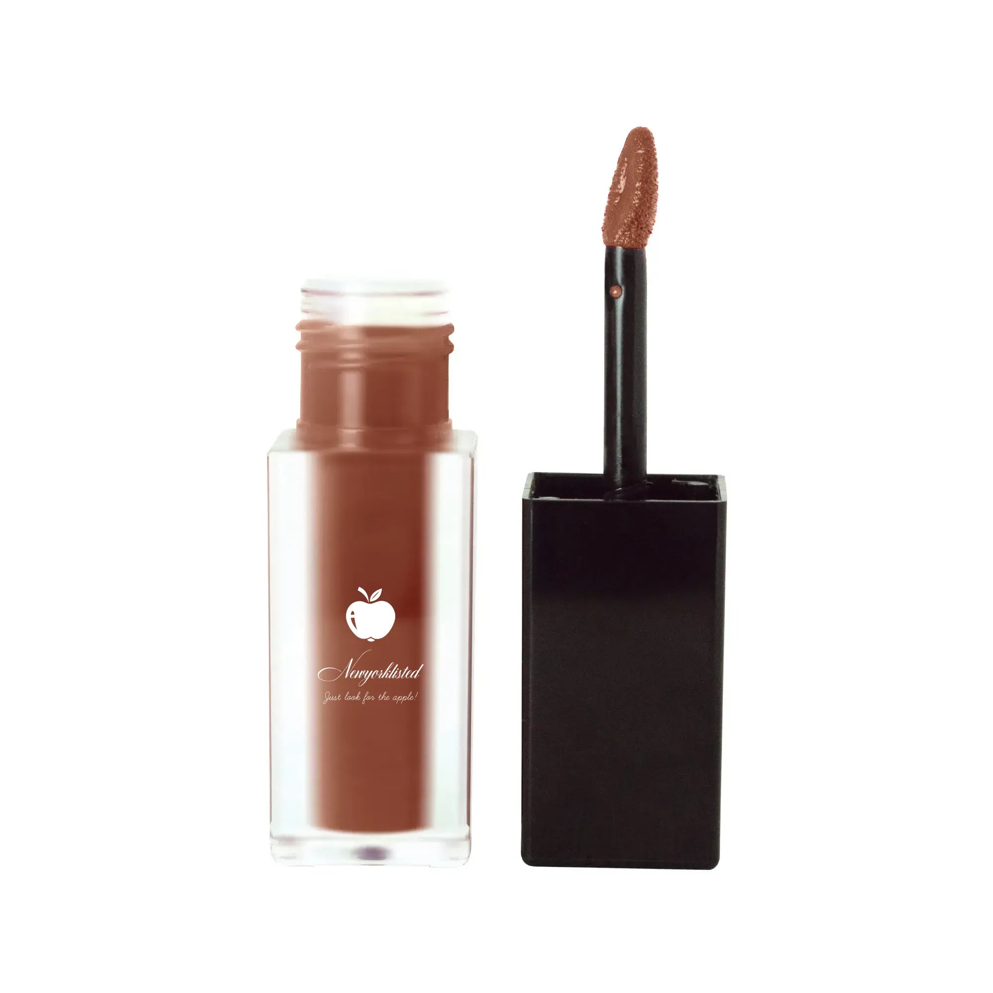 Cocoa Kiss Matte Lip Stain from NEWYORKLISTED COSMETIC COLLECTION in a sleek tube with precision doe-foot applicator and rich chocolate-nude color on a white background.