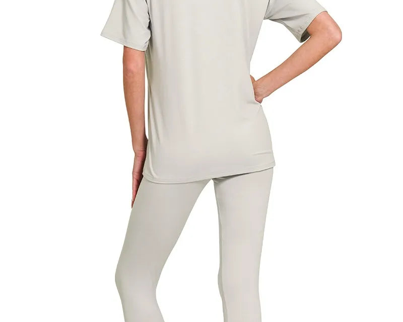NEWYORKLISTED COMFORT COLLECTION: Microfiber Short Sleeve Loungewear, model wearing a light gray t-shirt and leggings on a white background